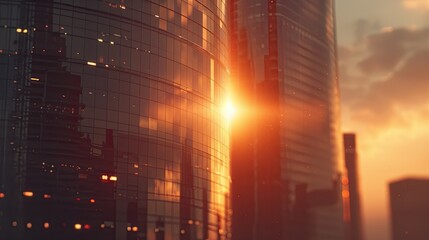 Fototapeta premium A modern office skyscraper. View from below of a tall glass and steel high-rise building. Sunset sky. Illustration for cover, card, postcard, interior design, banner, poster, brochure or presentation.