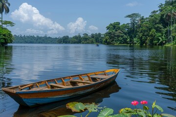 Obraz premium Wooden Boat Moored on a Serene Lake in a Tropical Rainforest