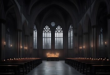 Obraz premium A dark, gothic cathedral interior with tall arched windows, candles, and a mysterious, ethereal atmosphere