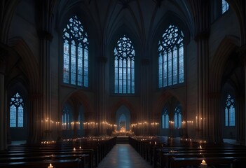 Fototapeta premium A dark, gothic cathedral interior with tall arched windows, candles, and a mysterious, ethereal atmosphere
