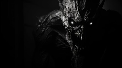A creepy monster watches from the darkness. A terrifying image of an evil creature.