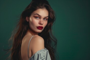 Naklejka premium A beautiful curvy russian businesswoman posing in front of a green background. natural makeup on face clean fresh skin on isolated. Portrait, Facial treatment, Body care, Beauty and Spa salon