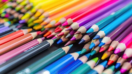 Fototapeta premium There are many colored pencils spread out on the table. The spectrum for creativity. Illustration for banner, poster, cover, brochure or presentation.