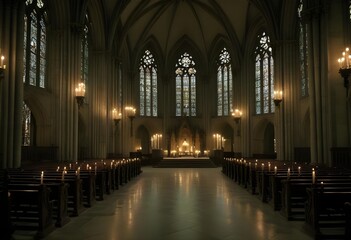 Fototapeta premium A dark, gothic cathedral interior with tall arched windows, candles, and a mysterious, ethereal atmosphere
