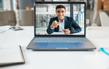 Businessman, video call or laptop screen in office for contact, training review or communication in...