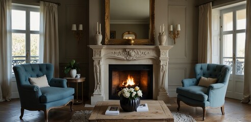 Two chairs and sofa near fireplace. French country interior design of modern living room