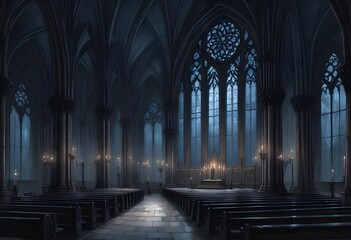 Fototapeta premium A dark, gothic cathedral interior with tall arched windows, candles, and a mysterious, ethereal atmosphere