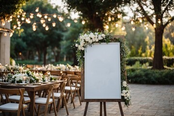 Wedding white Board, welcome sign Mockup , outdoors. Greeting template
