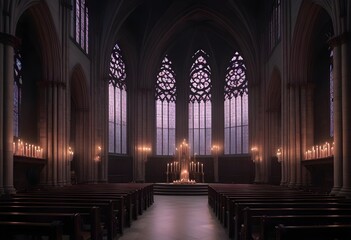 Obraz premium A dark, gothic cathedral interior with tall arched windows, candles, and a mysterious, ethereal atmosphere