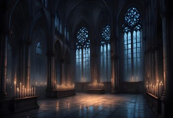Obraz premium A dark, gothic cathedral interior with tall arched windows, candles, and a mysterious, ethereal atmosphere
