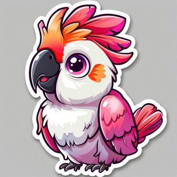  sticker of an adorable chibi cockatoo, simple flat illustration, cute and dreamy, white background, die cut sticker with border