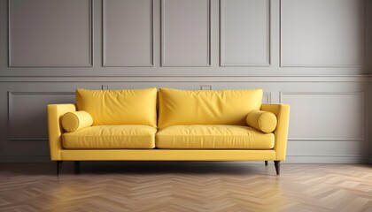 Modern silk yellow sofa in empty room closeup view