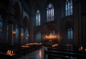 Fototapeta premium A dark, gothic cathedral interior with tall arched windows, candles, and a mysterious, ethereal atmosphere