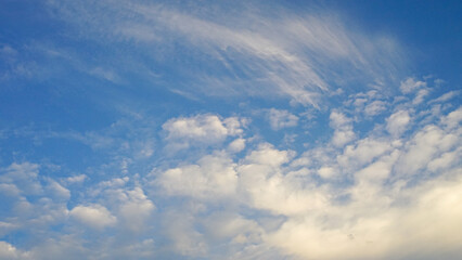 Sparse cirrus clouds drifting across a blue sky.
