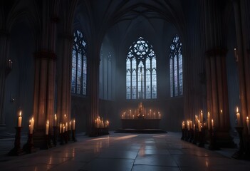 A dark, gothic cathedral interior with tall arched windows, candles, and a mysterious, ethereal atmosphere