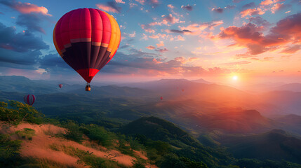 Fototapeta premium Gorgeous, inspirational scenery with hot air balloons soaring overhead, a destination for travel