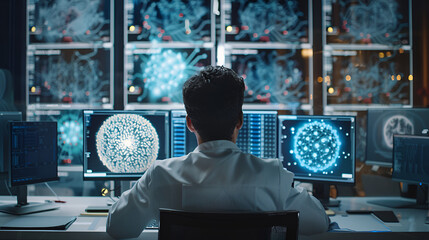 At his desk, a stunning male computer engineer and scientist builds a neural network. In the office, numerous displays showcase three-dimensional models of neural networks.