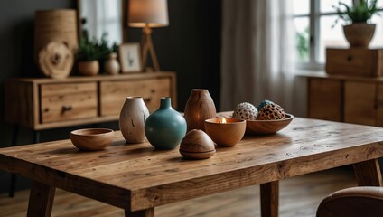 Wooden table with modern home goods, unique home decoration store