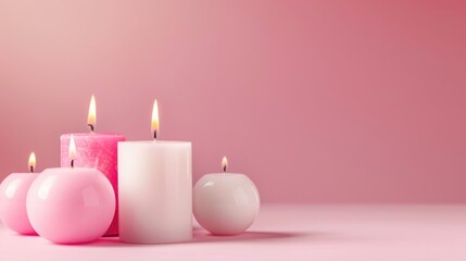 Pink and white wax candles on a pink background with space for text
