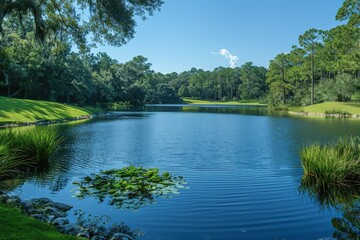 A serene lake with crystal-clear water and thriving aquatic plants, showing successful water conservation. 
