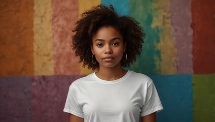 Young African American Girl Wearing a Blank Solid White T-Shirt Mockup Posing in Front of a Colorful Painted Wall