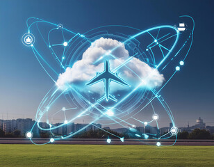 Futuristic Air Travel Concept with Holographic Airplane and Cloud