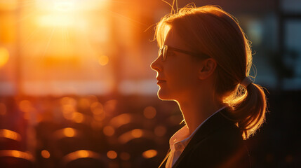 Businesswoman attending an international business conference, highly professional photo picture capturing ambient light and engaging background, businesswoman, with copy space