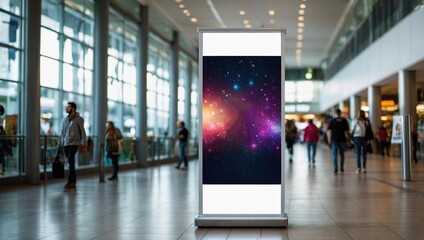 White roll up mockup poster stand in an shopping center