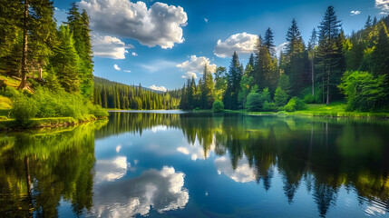 Fototapeta premium Tranquil Forest Lake Reflecting The Sky And Trees