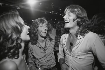 Three friends laughing and having fun at a disco party, captured in a black-and-white photo with a vibrant 1970s atmosphere.