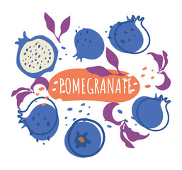 Set of unusual blue pomegranate with purple leaves and text. Color interpretation of an ordinary fruit. Organic fruit vector label.