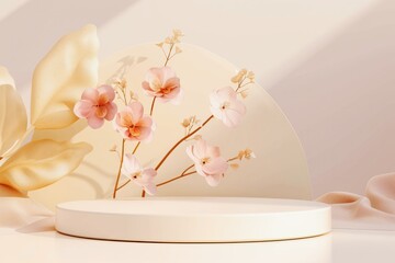 elegant skincare product presentation podium with delicate floral arrangement, template mockup for bestseller beauty products