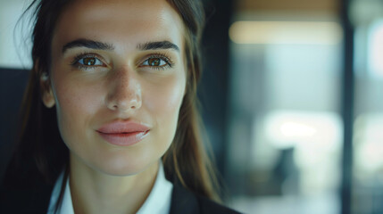 Naklejka premium Businesswoman in a video conference call with global partners, highly professional photo picture with clear focus and sharp details, businesswoman, with copy space
