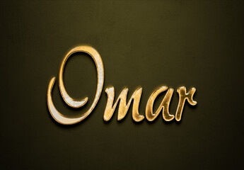 Old gold text effect of Arabic name Omar with 3D glossy style Mockup.