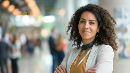Obraz premium Businesswoman networking at a corporate event, highly professional photo picture with clear focus and engaging background, businesswoman, with copy space