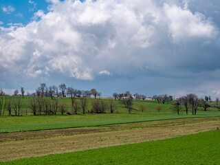A Picturesque Rural Landscape Features Expansive Green Fields Stretching Across Rolling Hills, With Bare Trees Lining The Horizon, Under A Sky Filled With Dramatic Clouds, Creating A Serene And
