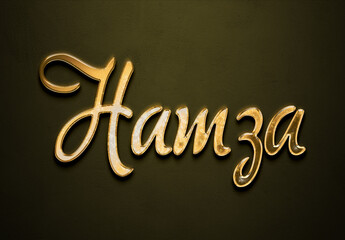 Old gold text effect of Arabic name Hamza with 3D glossy style Mockup.