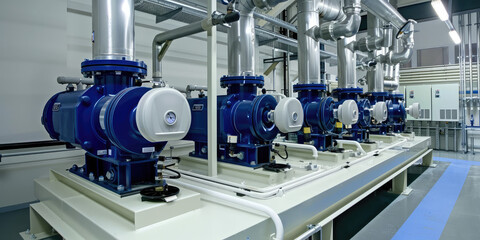 Closeup Pumps and motors in a water distribution facility. Water distribution plant, industry, factory