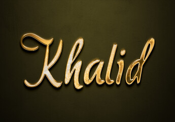Old gold text effect of Arabic name Khalid with 3D glossy style Mockup.