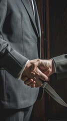Two businessmen shake hands, one hides a knife, revealing betrayal and danger in the corporate world. The close up shot captures the tension and potential for backstabbing