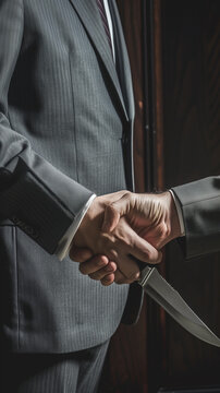 Two businessmen shake hands, one hides a knife, revealing betrayal and danger in the corporate world. The close up shot captures the tension and potential for backstabbing