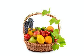 Set of vegetables in wicker basket isolated on white.