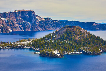 Crater Lake and Wizard Island Panoramic View in Winter
