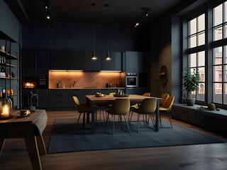 Luxurious Dark Loft Studio with Modern Kitchen, Cozy Bedroom, Fireplace, and Personal Gym