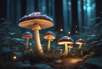 Fototapeta premium Close-up of a glowing mushroom with fireflies in magical forest at night, blurred background