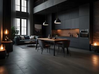 Luxurious Dark Loft Studio with Modern Kitchen, Cozy Bedroom, Fireplace, and Personal Gym