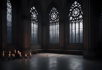 A dark, gothic cathedral interior with tall arched windows, candles, and a mysterious, ethereal atmosphere