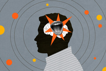 Composite trend artwork sketch image photo collage of head bread mind lady mouth scream man...