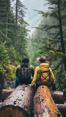 Interracial couple takes serene break on tree log in mountain forest during hike, symbolizing