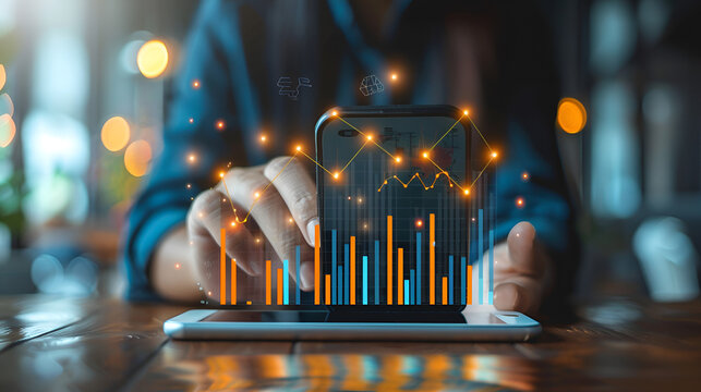 Entrepreneurs utilize mobile smartphones and icon network connections for data analysis and business planning, growth graph customers, digital marketing, online banking, and payment processing.